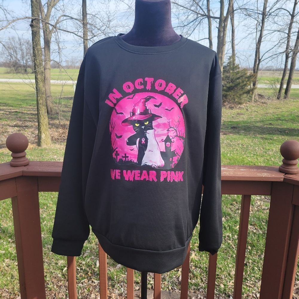 In October We Wear Pink Women's Black Crew Neck Long Sleeve Pullover Sweatshirt